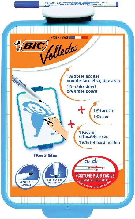BIC Ardoise VELLEDA effaçable à sec 19 x 26 cm. Avec 1 feutre pointe fine encre bleu