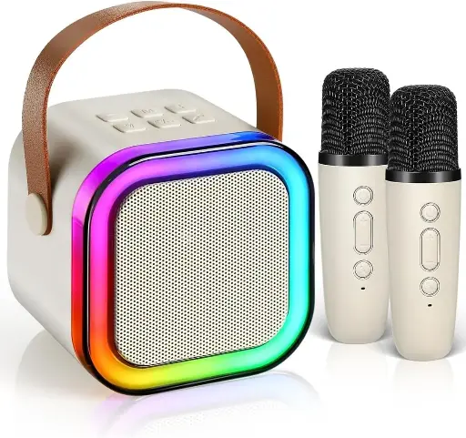 Mini Portable Enceinte Karaoke Bluetooth sans Fil avec 2 Micro, avec Magique Voix Change et LED Lumière Qualité Sonore HiFi, Complet pour Enfant Adulte Fille 